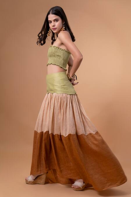 Therealb_Green Cotton Embroidery Square Neck Smocked Top With Color Block Skirt _at_Aza_Fashions