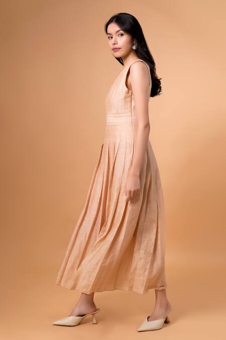 Therealb_Beige Cotton, Linen V-neck Pleated Flare Dress _at_Aza_Fashions