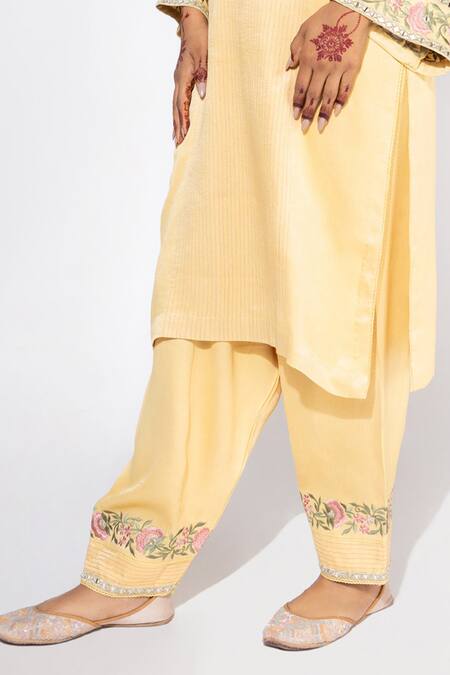 Shop_Nemaani_Yellow Modal, Muslin Embroidery Round Neck Mirror Yoke Kurta Set _Online_at_Aza_Fashions
