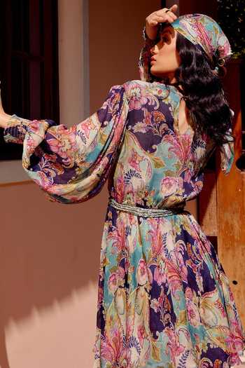Calling June_Multi Color Viscose Print Mehr Bishop Sleeves Dress With Belt _Online_at_Aza_Fashions