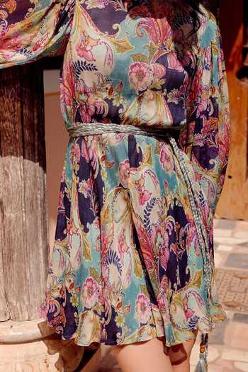Buy_Calling June_Multi Color Viscose Print Mehr Bishop Sleeves Dress With Belt _Online_at_Aza_Fashions