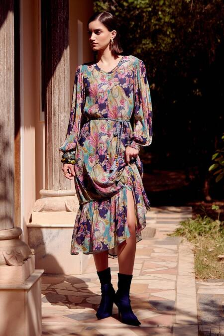 Calling June Multi Color Viscose Print Floral Bloom V Mehr Midi Dress With Belt