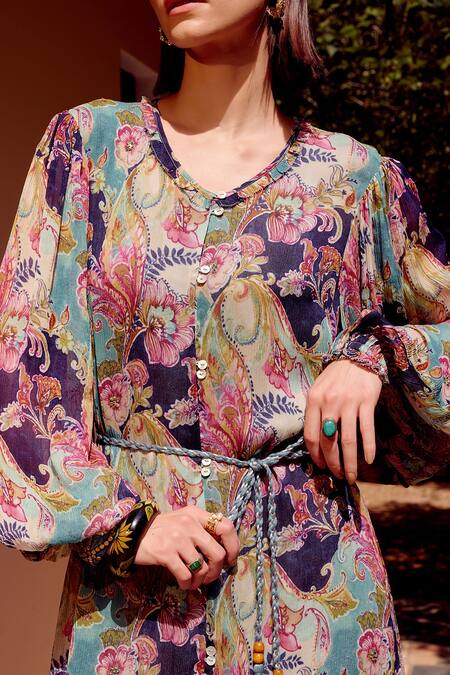 Buy_Calling June_Multi Color Viscose Print Floral Bloom V Mehr Midi Dress With Belt _Online_at_Aza_Fashions