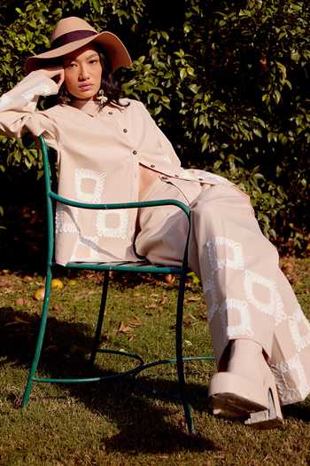 Calling June_Beige Cotton Linen Embroidery Quad Swirl Cora Shirt With Trouser _Online_at_Aza_Fashions
