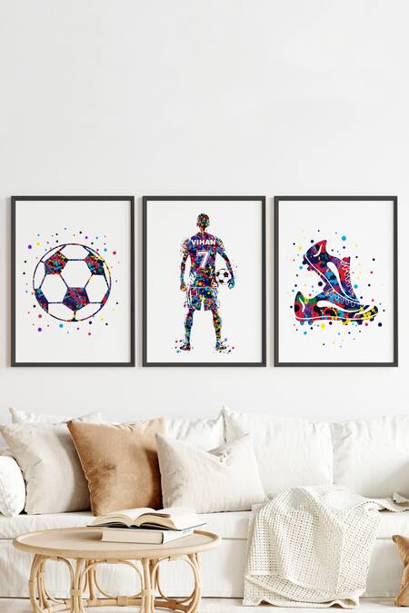 My Kids Wall_Black Engineered Wood Football Player Personalised Framed Wall Art 3 Pcs Set_Online_at_Aza_Fashions