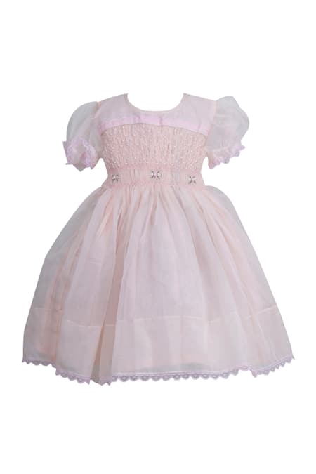 BABY BARN Peach Organza With Cotton Lining Embellished Beads Yoke Dress