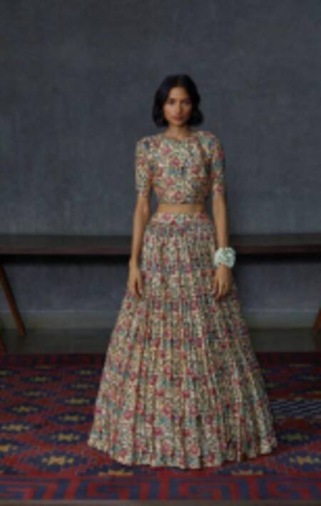 Label Anushree_Beige Silk Embroidery Printed Lehenga Set_Online_at_Aza_Fashions