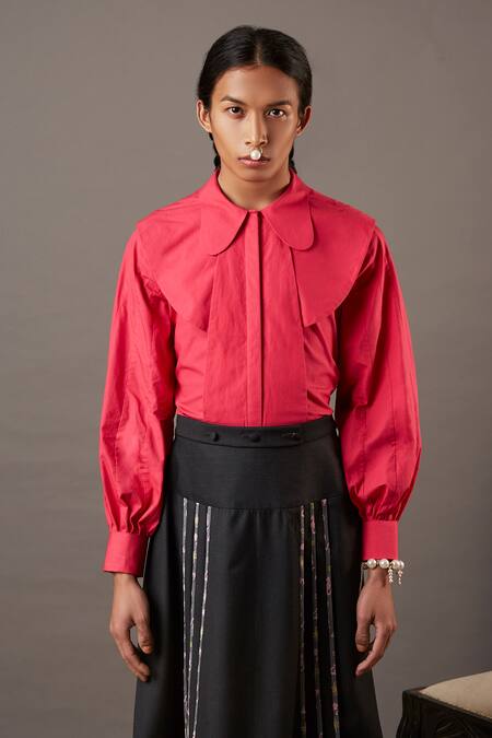 Buy_Quod_Pink 100% Cotton Plain Peter Pan Collar Bib Shirt_Online_at_Aza_Fashions