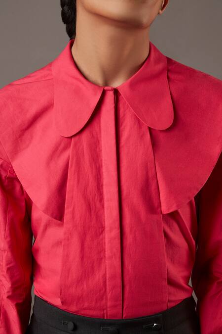 Shop_Quod_Pink 100% Cotton Plain Peter Pan Collar Bib Shirt_Online_at_Aza_Fashions