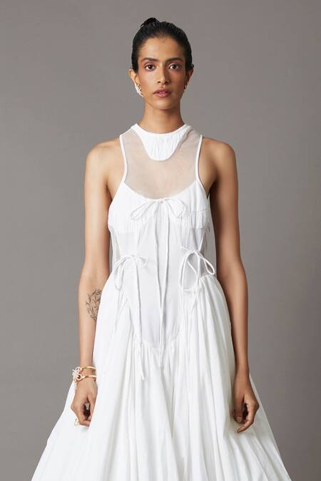 Quod_White 95% Cotton Plain Round Billow Panelled Dress_Online_at_Aza_Fashions