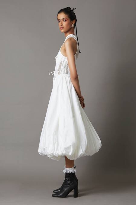 Shop_Quod_White 95% Cotton Plain Round Billow Panelled Dress_Online_at_Aza_Fashions