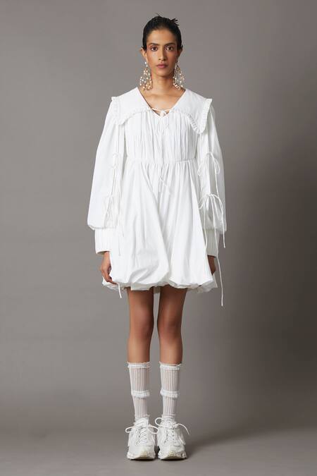 Buy White 100% Cotton Plain Keyhole Bridge Ruffle Collar Dress For
