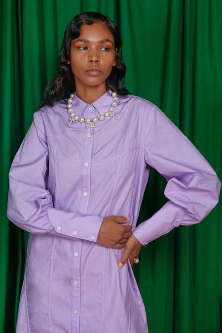 Buy Purple Cotton Embroidery Collared Bloom Shirt Dress For Women