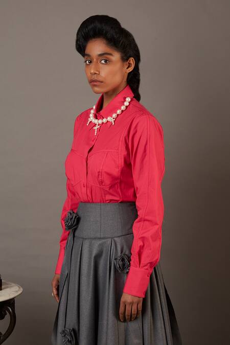 Shop Quod Pink Cotton Embroidery Collared Tape Work Corset Shirt Online at Aza Fashions Shop_Quod_Pink Cotton Embroidery Collared Tape Work Corset Shirt _Online_at_Aza_Fashions