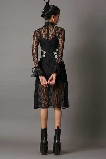 Buy Black 100% Nylon Embroidery Floral Lace High Neck Swing Dress For Women  by Quod Online at Aza Fashions.