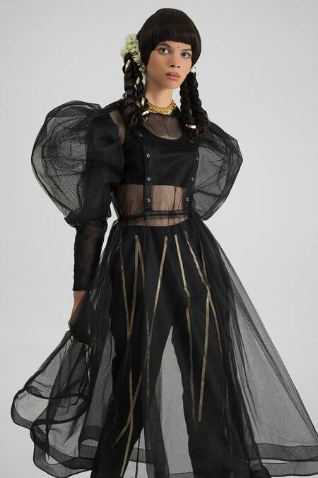 Quod_Black 100% Nylon Plain Round Wolf Wing Equinox Sleeve Dress_Online_at_Aza_Fashions