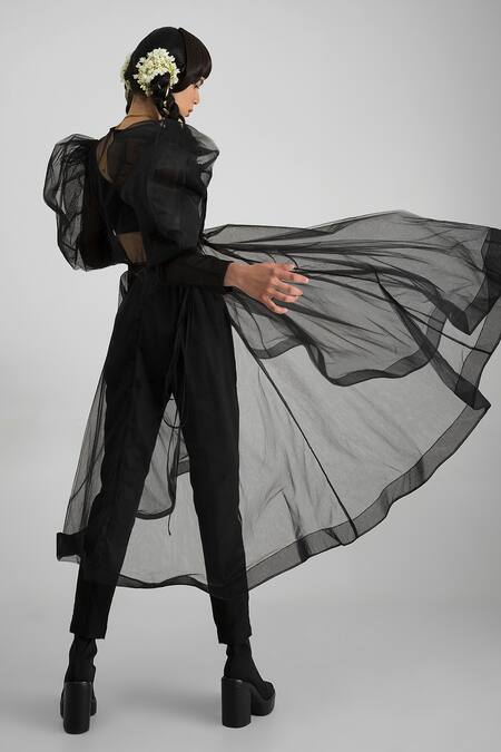 Shop_Quod_Black 100% Nylon Plain Round Wolf Wing Equinox Sleeve Dress_Online_at_Aza_Fashions