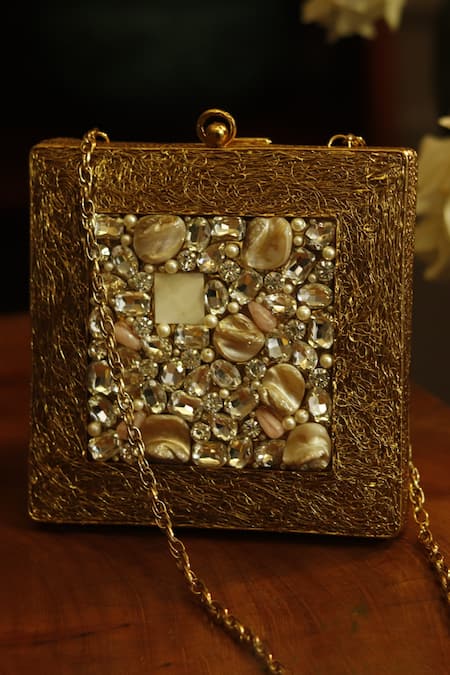 The Tan Clan Gold Crystals, Stones Aafreen Mother Of Pearls Embellished Clutch