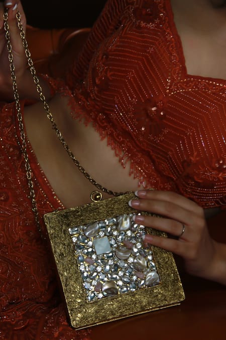 The Tan Clan_Gold Crystals, Stones Aafreen Mother Of Pearls Embellished Clutch _Online_at_Aza_Fashions