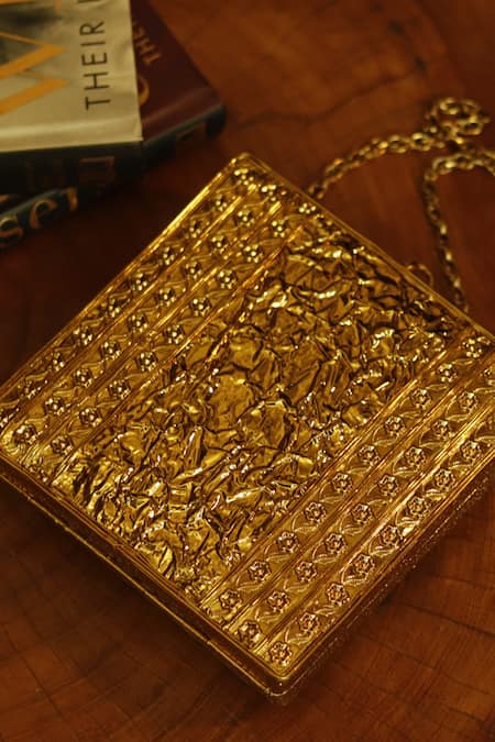 Buy_The Tan Clan_Gold Crystals, Stones Aafreen Mother Of Pearls Embellished Clutch _Online_at_Aza_Fashions
