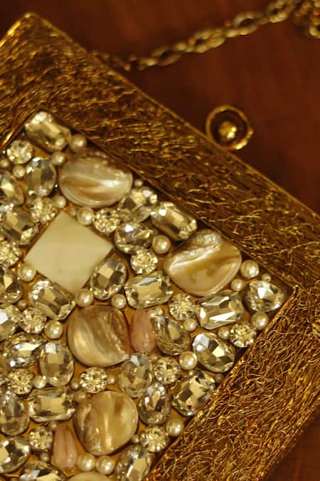 Shop_The Tan Clan_Gold Crystals, Stones Aafreen Mother Of Pearls Embellished Clutch _Online_at_Aza_Fashions