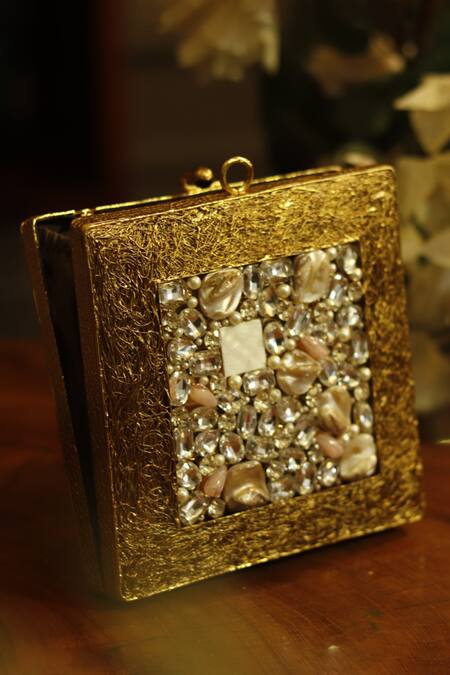 The Tan Clan_Gold Crystals, Stones Aafreen Mother Of Pearls Embellished Clutch _at_Aza_Fashions