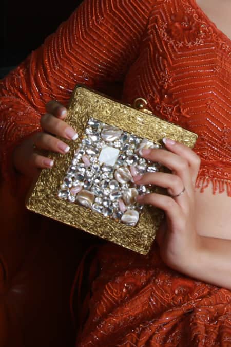 Buy_The Tan Clan_Gold Crystals, Stones Aafreen Mother Of Pearls Embellished Clutch 
