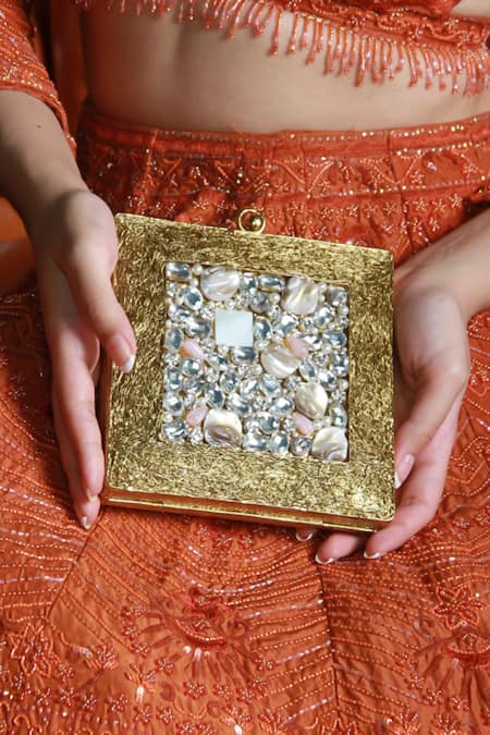 Shop_The Tan Clan_Gold Crystals, Stones Aafreen Mother Of Pearls Embellished Clutch 