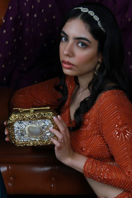 The Tan Clan_Gold Crystals, Stones Burj Mother Of Pearls Embellished Clutch _Online_at_Aza_Fashions