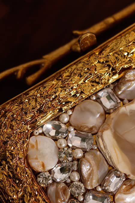 Buy_The Tan Clan_Gold Crystals, Stones Burj Mother Of Pearls Embellished Clutch _Online_at_Aza_Fashions
