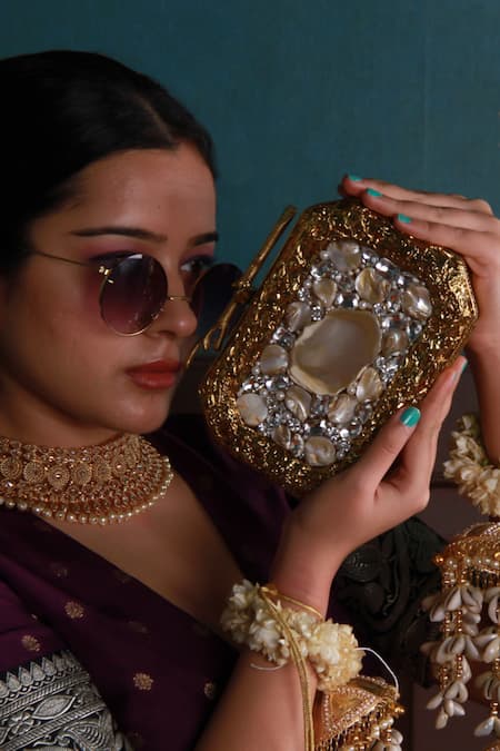 The Tan Clan_Gold Crystals, Stones Burj Mother Of Pearls Embellished Clutch _at_Aza_Fashions