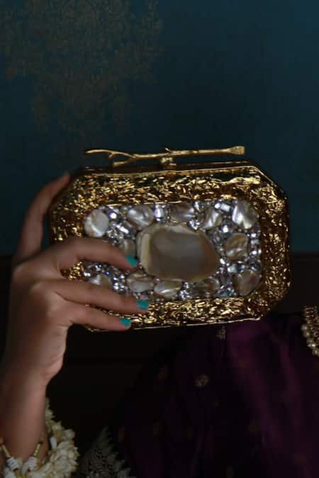 Buy_The Tan Clan_Gold Crystals, Stones Burj Mother Of Pearls Embellished Clutch 