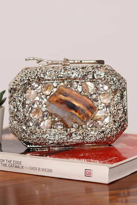 The Tan Clan Silver Mother Of Pearls Burj Embellished Clutch 