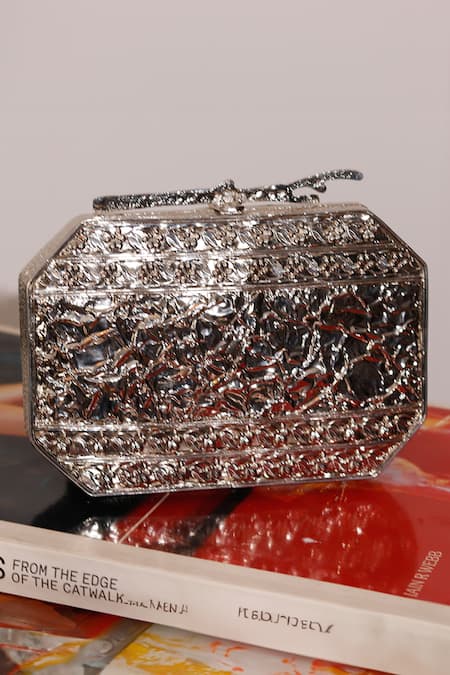 The Tan Clan_Silver Crystals, Stones, Pearls Burj Embellished Mother Of Clutch _Online_at_Aza_Fashions