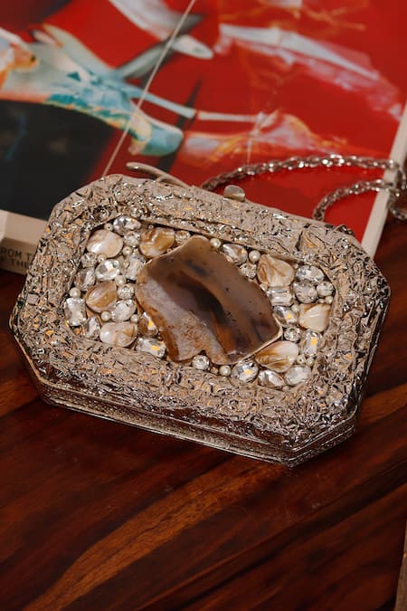 Buy_The Tan Clan_Silver Crystals, Stones, Pearls Burj Embellished Mother Of Clutch _Online_at_Aza_Fashions