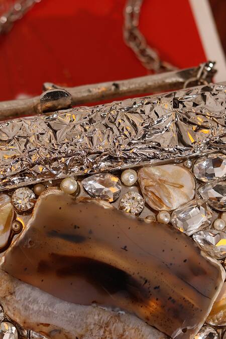 Shop_The Tan Clan_Silver Crystals, Stones, Pearls Burj Embellished Mother Of Clutch _Online_at_Aza_Fashions