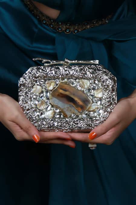 Buy_The Tan Clan_Silver Crystals, Stones, Pearls Burj Embellished Mother Of Clutch 