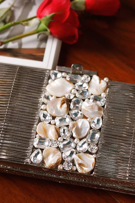 The Tan Clan_Silver Crystals, Pearls Daniya Mother Of Embellished Clutch _Online_at_Aza_Fashions