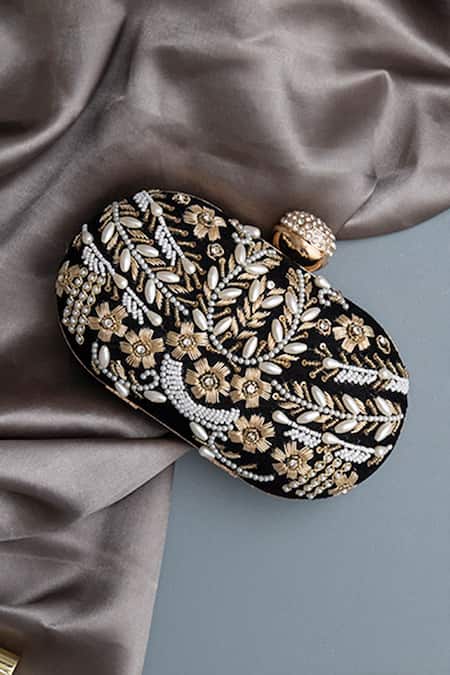 Shop The Tan Clan Black Zari, Embroidery Elizah Floral Zardozi Clutch at Aza Fashions Shop_The Tan Clan_Black Zari, Embroidery Elizah Floral Zardozi Clutch _at_Aza_Fashions