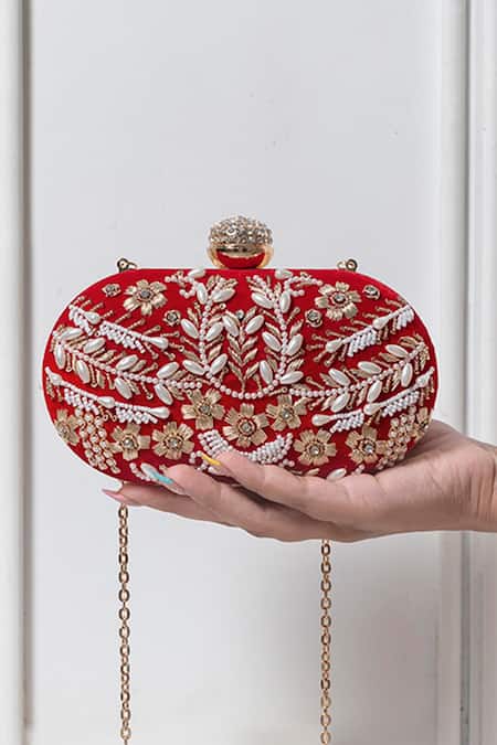 THE TAN CLAN Elizah Pearl & Zardozi Embroidered Clutch 