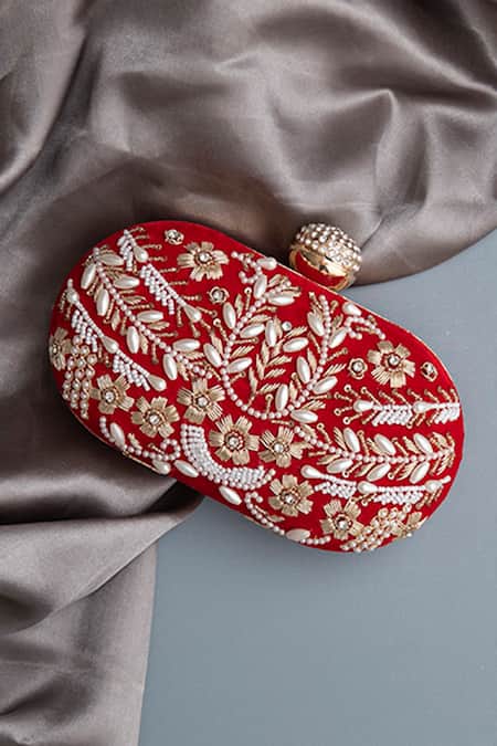 Shop The Tan Clan Red Zari, Pearls Elizah And Zardozi Embroidered Clutch at Aza Fashions Shop_The Tan Clan_Red Zari, Pearls Elizah And Zardozi Embroidered Clutch _at_Aza_Fashions