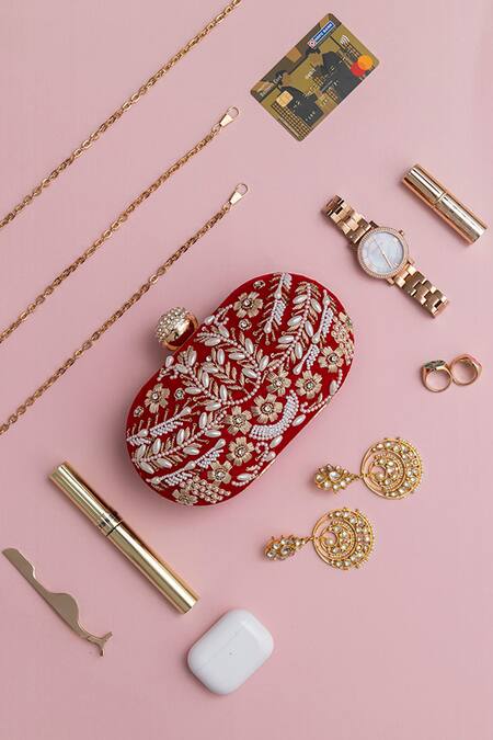 The Tan Clan Red Zari, Pearls Elizah And Zardozi Embroidered Clutch Online at Aza Fashions The Tan Clan_Red Zari, Pearls Elizah And Zardozi Embroidered Clutch _Online_at_Aza_Fashions