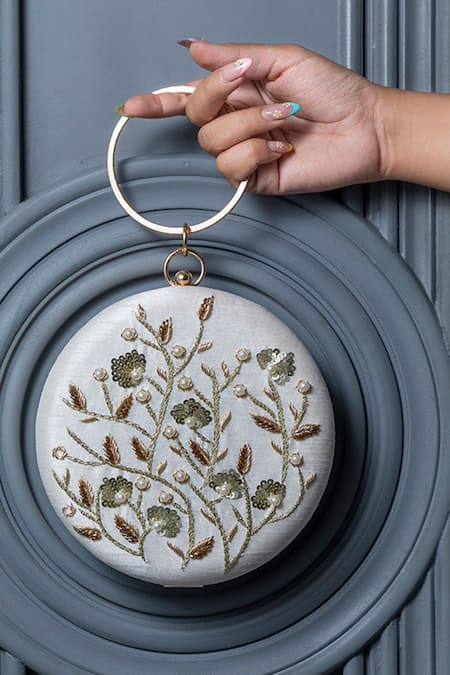 The Tan Clan White Zari, Sequins, Pearls Falaq And Embroidered Clutch