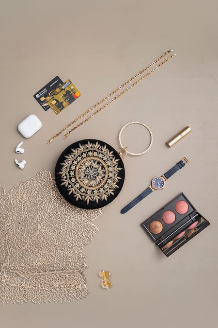 Shop The Tan Clan Black Zari, Embroidery Ifrah Pearl And Zardozi Clutch at Aza Fashions Shop_The Tan Clan_Black Zari, Embroidery Ifrah Pearl And Zardozi Clutch _at_Aza_Fashions