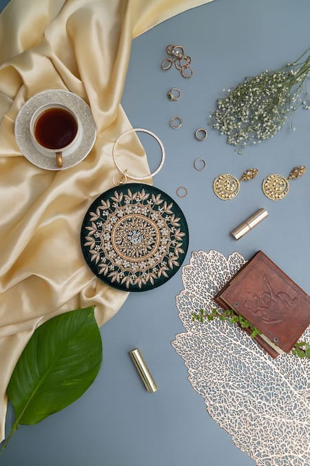 Shop The Tan Clan Green Zari, Embroidery Ifrah Mandala Zardozi Clutch at Aza Fashions Shop_The Tan Clan_Green Zari, Embroidery Ifrah Mandala Zardozi Clutch _at_Aza_Fashions