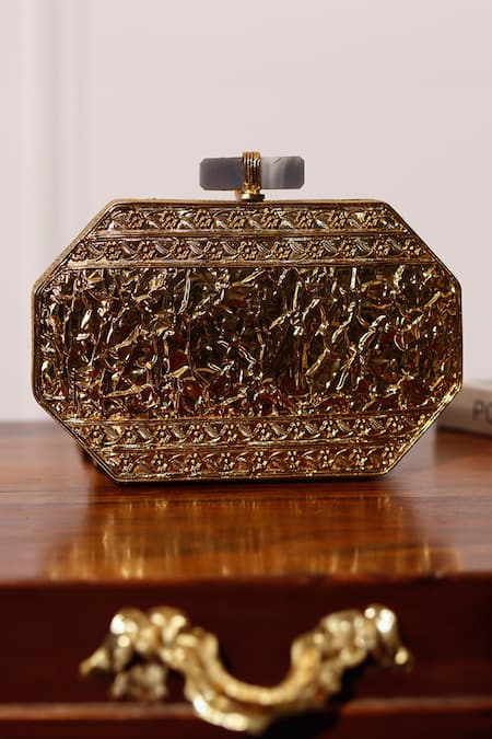 The Tan Clan_Gold Beads, Diamonds Inaayat Mother Of Pearls Embellished Clutch _Online_at_Aza_Fashions