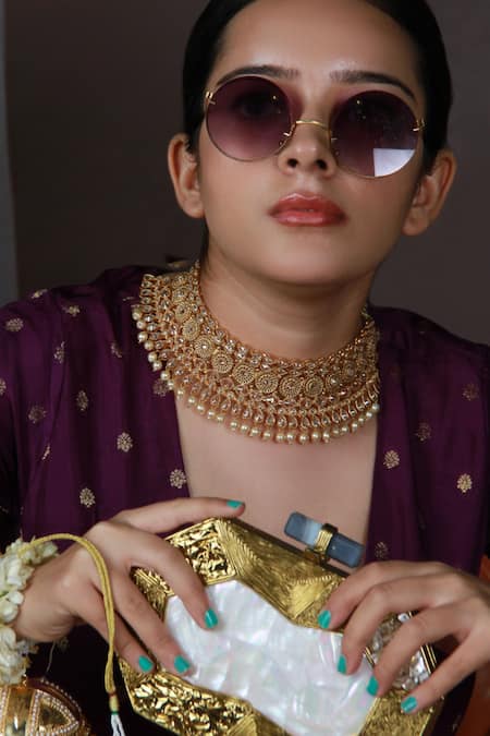 Shop_The Tan Clan_Gold Beads, Diamonds Inaayat Mother Of Pearls Embellished Clutch _Online_at_Aza_Fashions