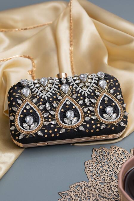 The Tan Clan_Black Stones, Beads, Crystals Kalah Embroidered Clutch _Online_at_Aza_Fashions
