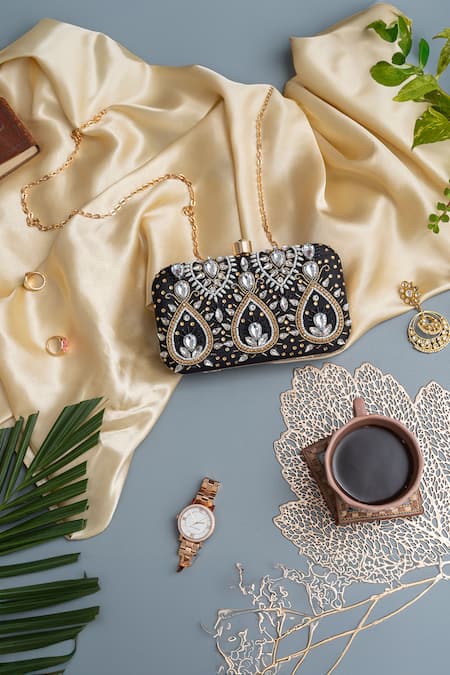 Buy_The Tan Clan_Black Stones, Beads, Crystals Kalah Embroidered Clutch _Online_at_Aza_Fashions