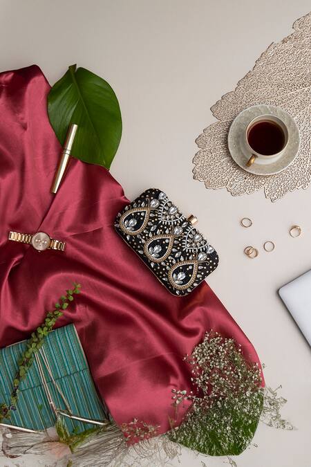 Shop_The Tan Clan_Black Stones, Beads, Crystals Kalah Embroidered Clutch _Online_at_Aza_Fashions